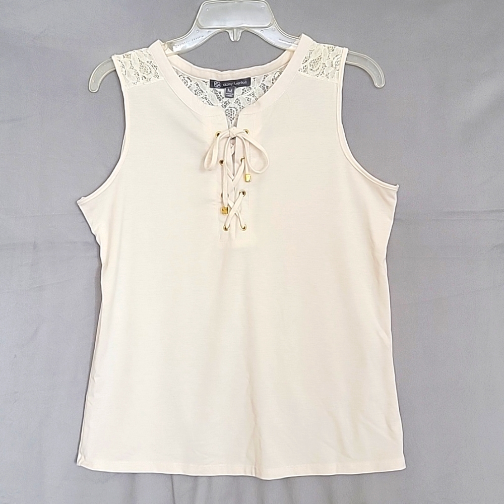 Sleevless Front Lace-Up Tie Closure, Embroidered Lace Top, Color Ivory, Size M